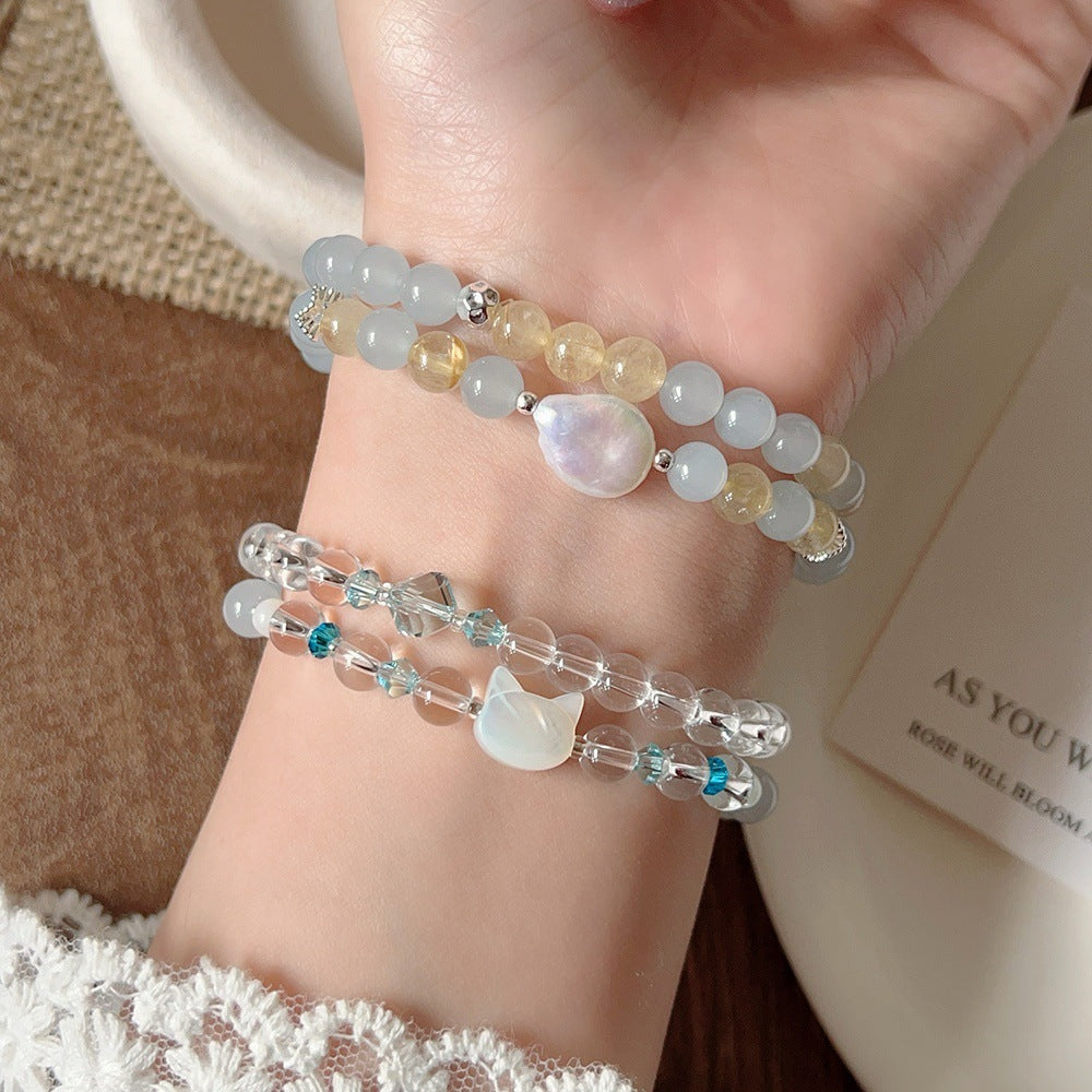 Aquamarine Crystal Korean Style High Sense Pearl String Beads Bracelet
