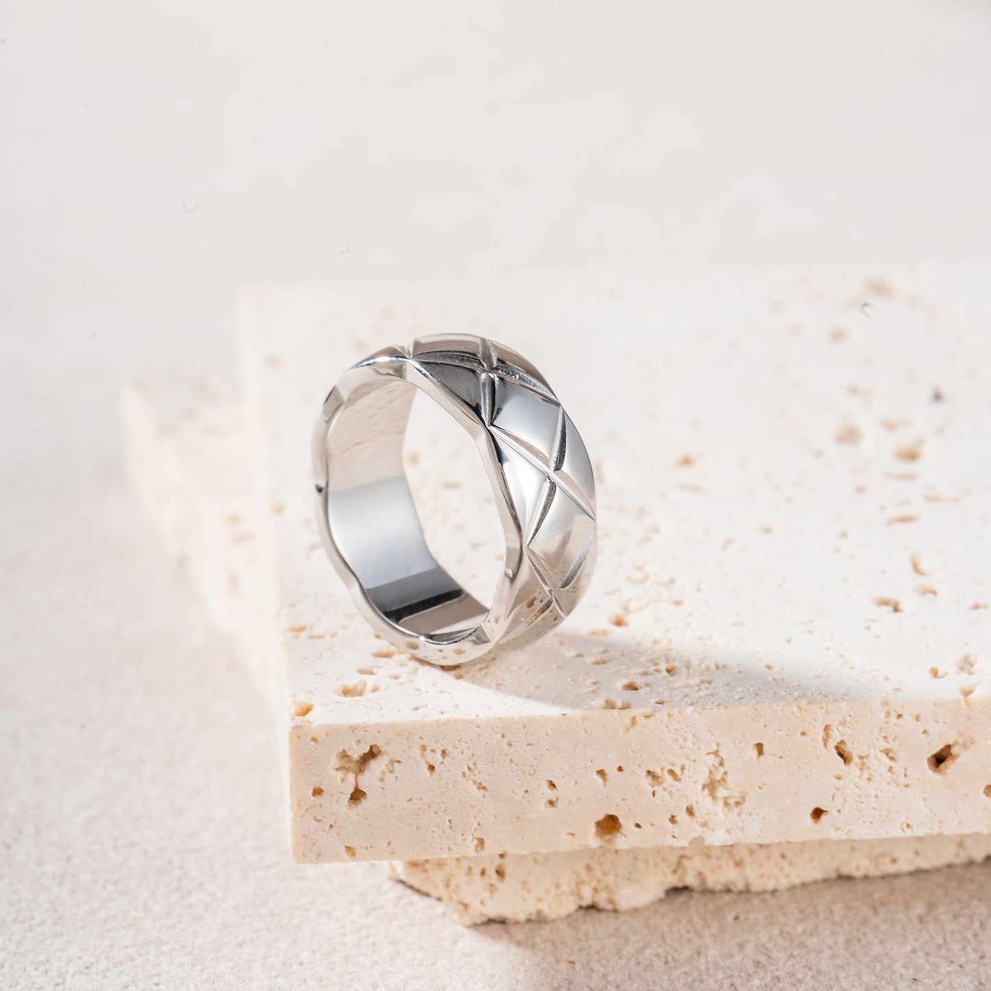 Classic Style Rhombus High Version Narrow Wide Couple Rose Gold Ring