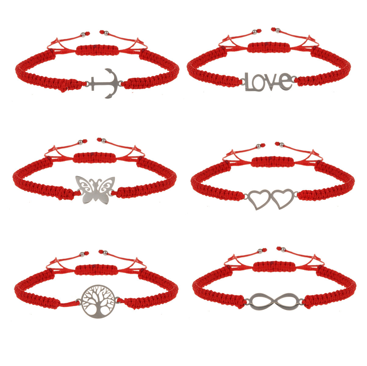 Bracelets simples en acier inoxydable avec corde rouge et papillon