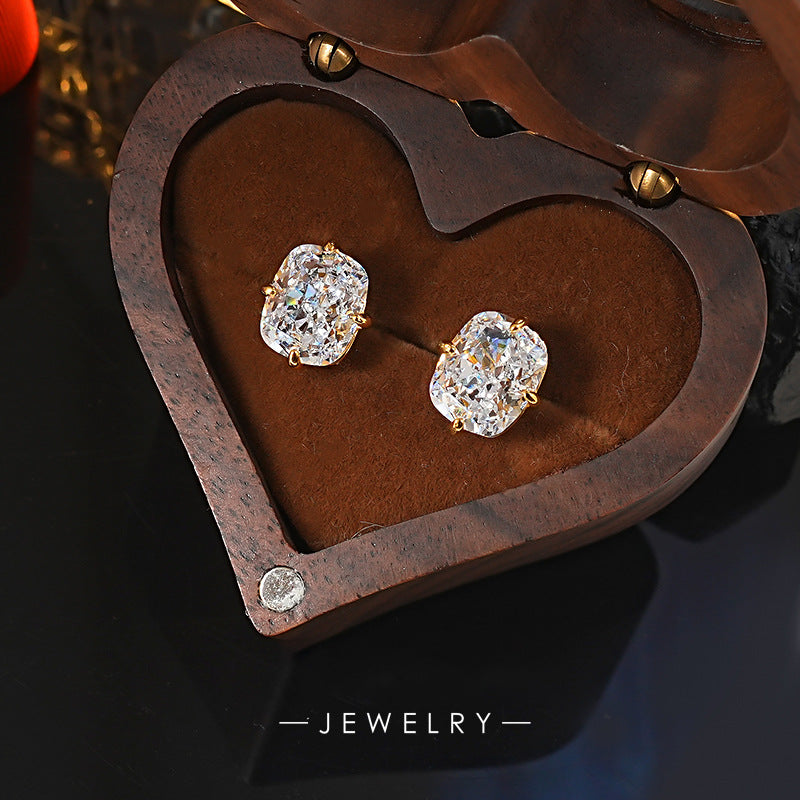 To Ice Flower Long Pillow-shaped White Zirconium Simple Single Diamond Stud Earrings