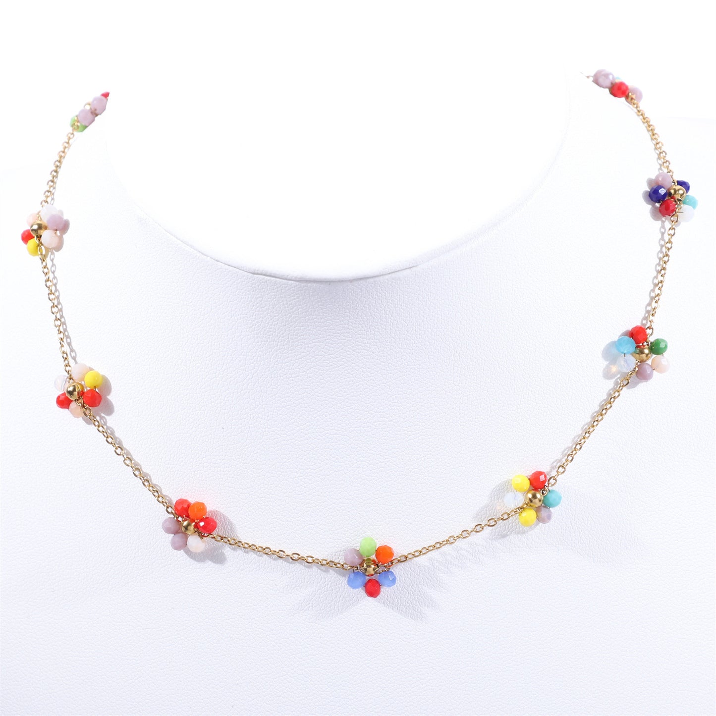 Women's Color Crystal Flowers Pearl Flower Stainless Steel Design Style Necklace