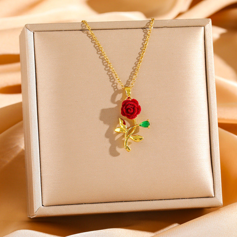 Women's Titanium Steel Rose Full Diamond Light Luxury Temperament Gorgeous Clavicle Necklace