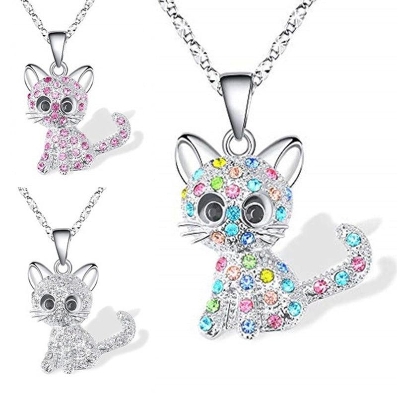 Colorful Cat Diamond Female Animal Cartoon Kitten Clavicle Necklace