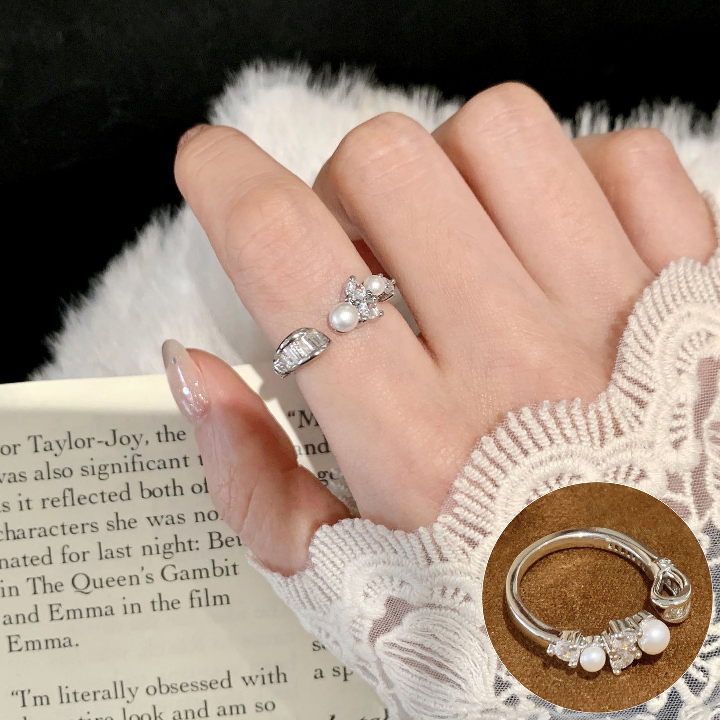 Pearl Flower Female Vintage Court Style Elegant Opening Index Ring