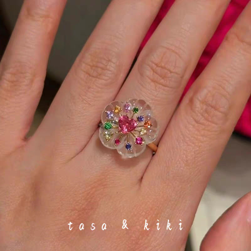 Color Flower Love Rhinestone Sweet Unique Design Index Rings