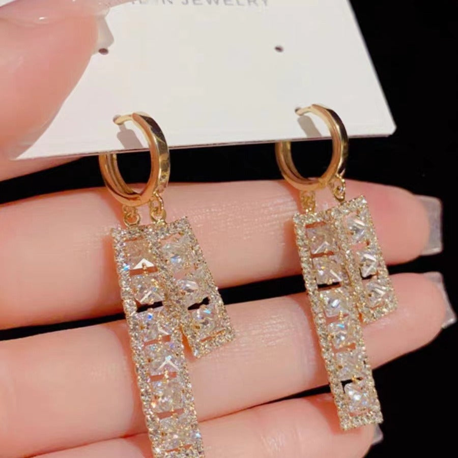 Light Luxury Temperament Geometric Zircon Tassel Design High-grade Earrings
