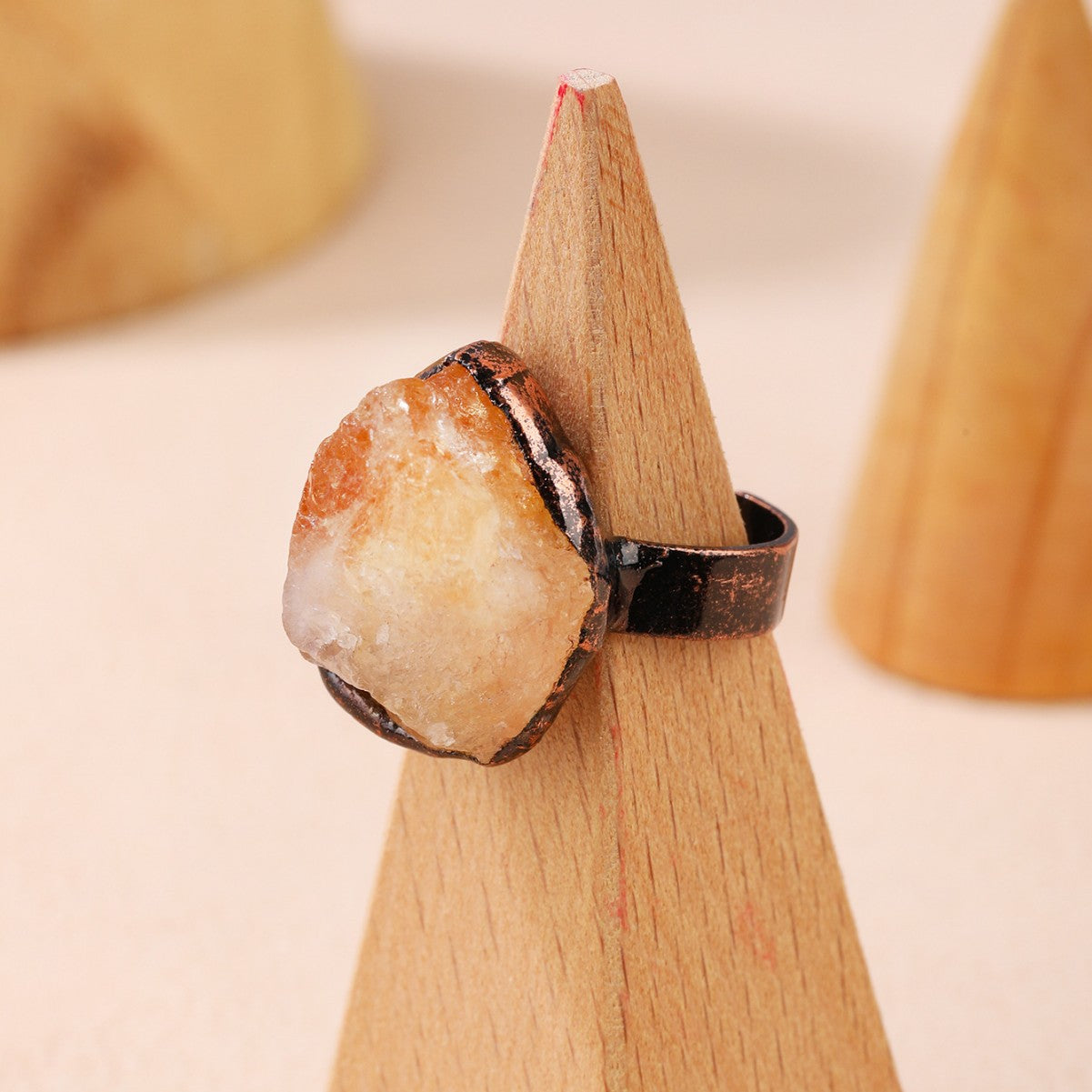 Style Natural Citrine Rough Stone Unshaped Open Bronze Plating Adjustable Ring