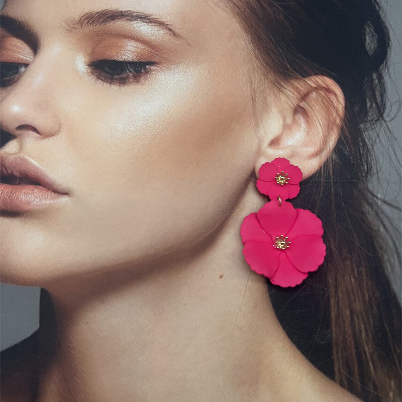 Women's Sky Color Painted Flowers Detachable Eardrops Stud Earrings