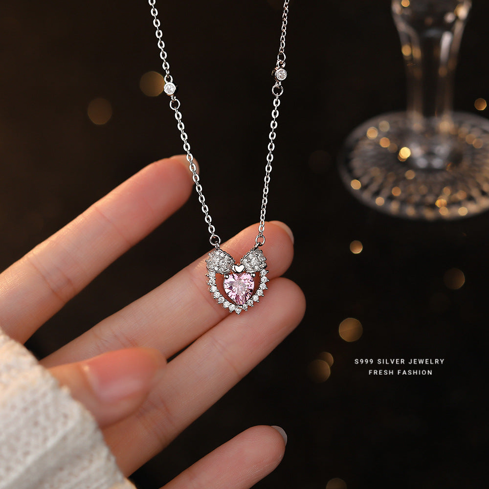 Women's Sterling Sier Pink Heart-shaped Zircon Affordable Necklaces