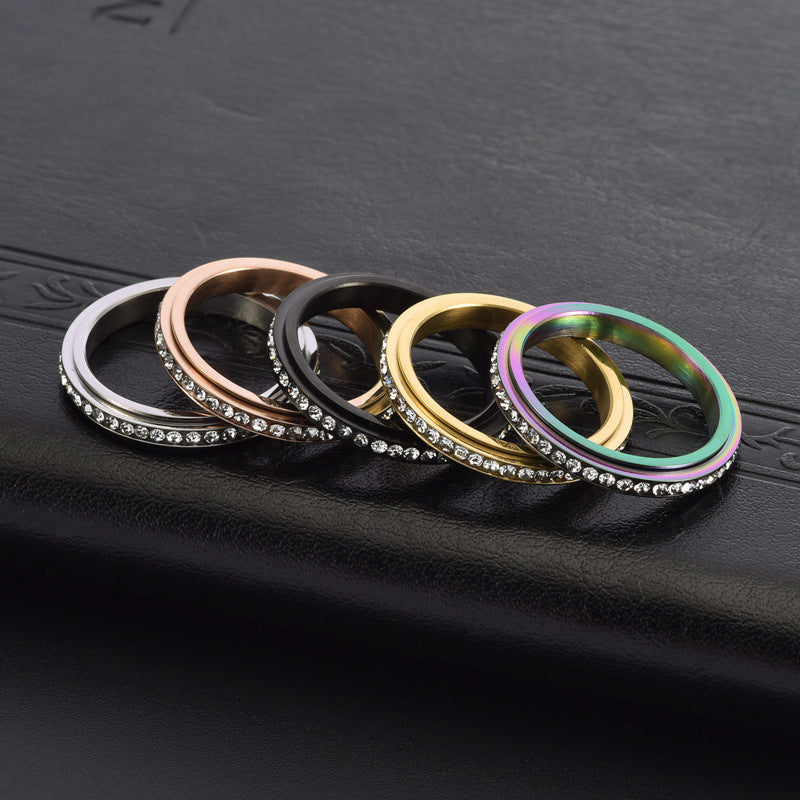 Women's Stainless Steel Fresh Single Row Rhinestone Rotatable Rings