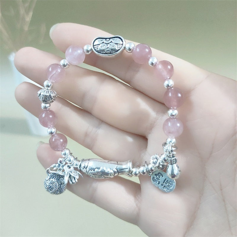 Style Imitation Sier Strawberry Quartz Lucky Cat Auspicious Bracelets