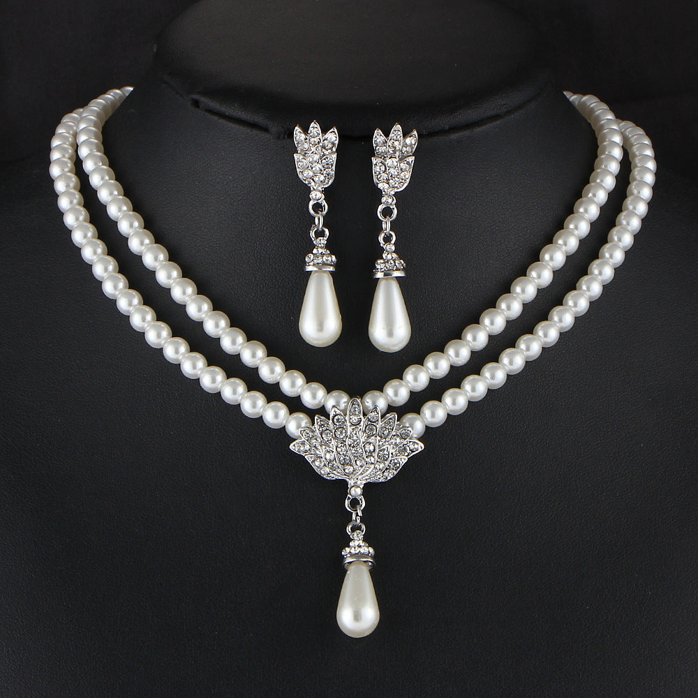 Women's Bridal Wedding Two-piece Dress Rhinestone Pearl Jewelry Set