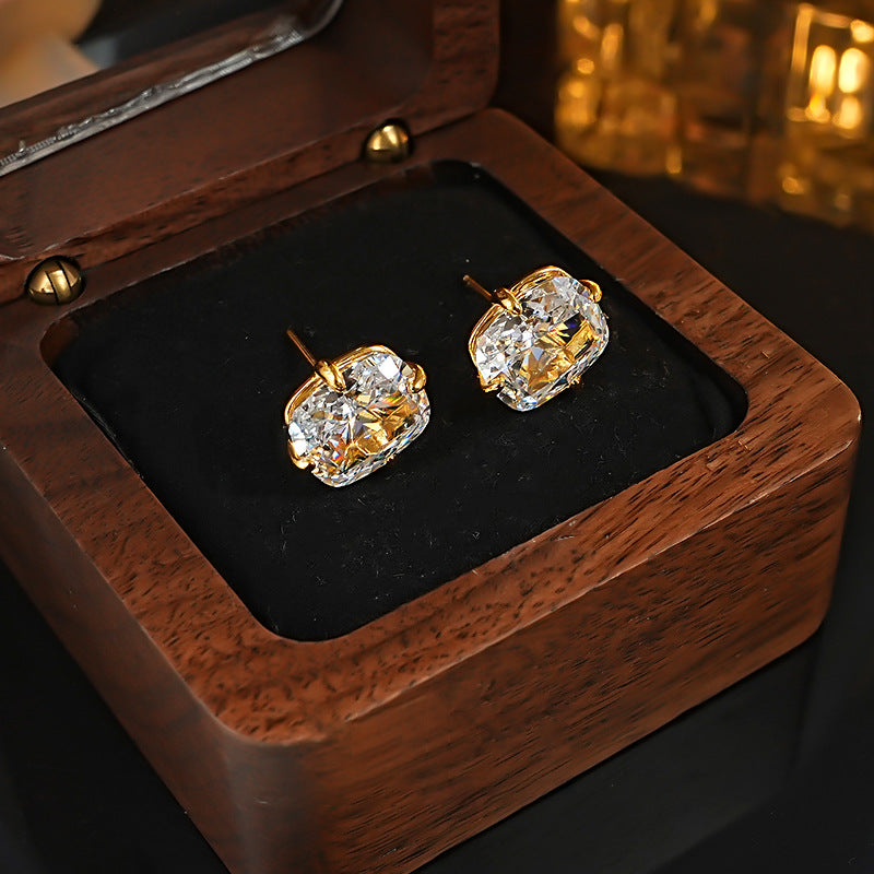To Ice Flower Long Pillow-shaped White Zirconium Simple Single Diamond Stud Earrings