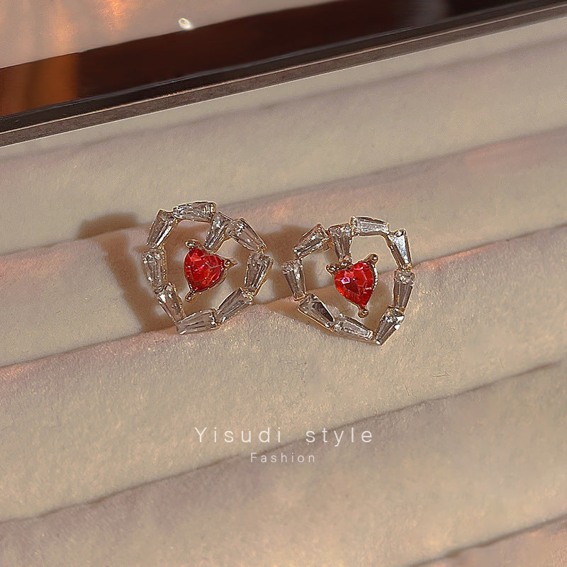 Sier Needle Red Rhinestone Love Heart Earrings