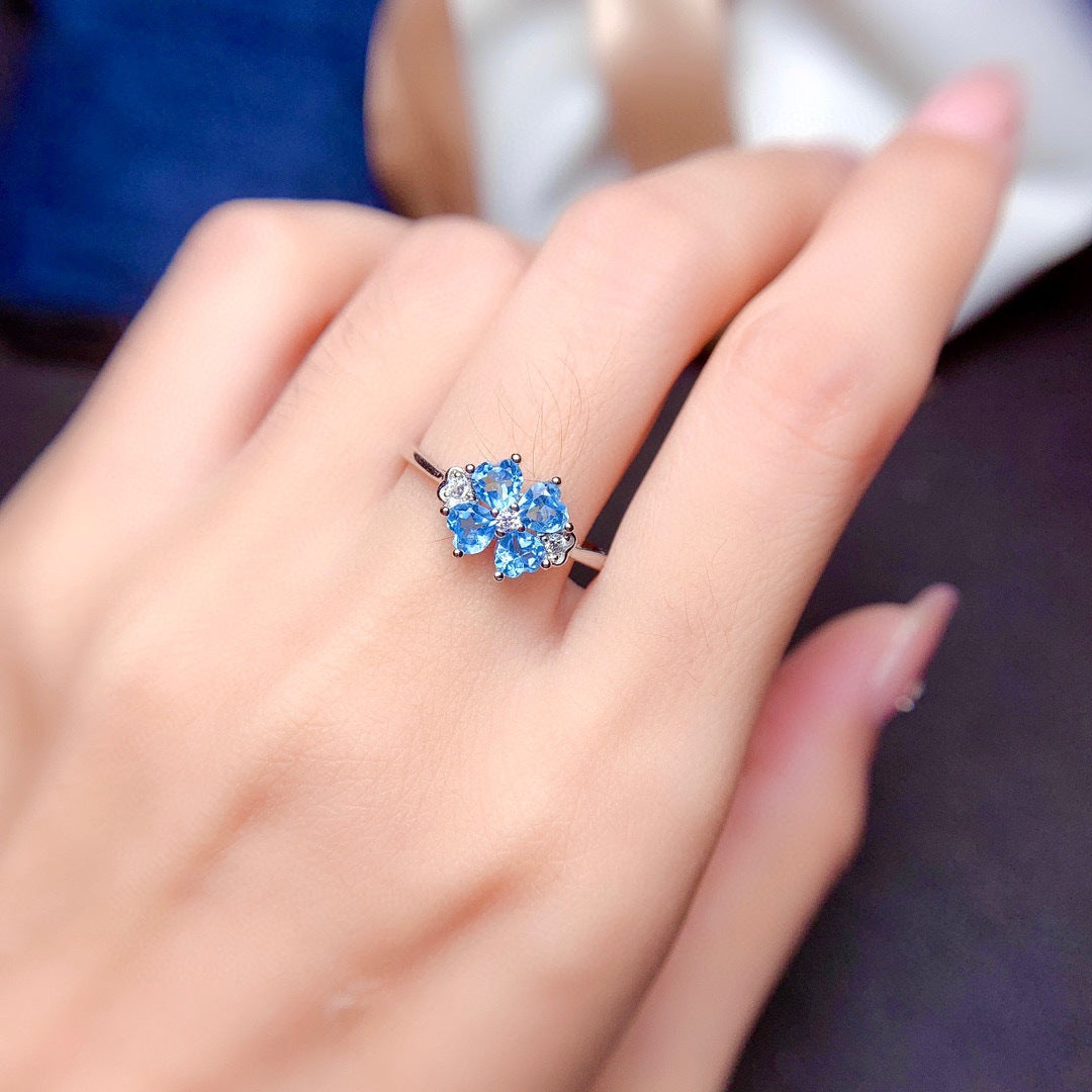 Women's Luxury Clover Swiss Blue Topaz Colored Gems Rings