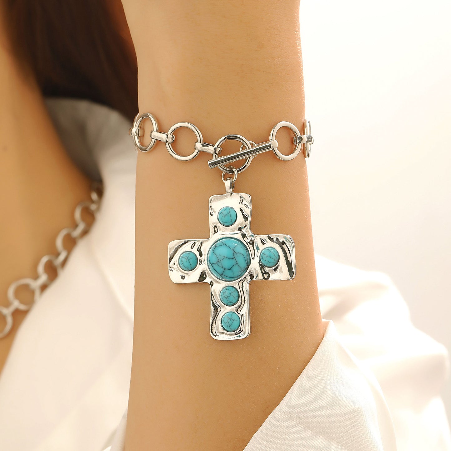 Women's Retro Exaggerated Cross Inlaid Turquoise For Bracelets