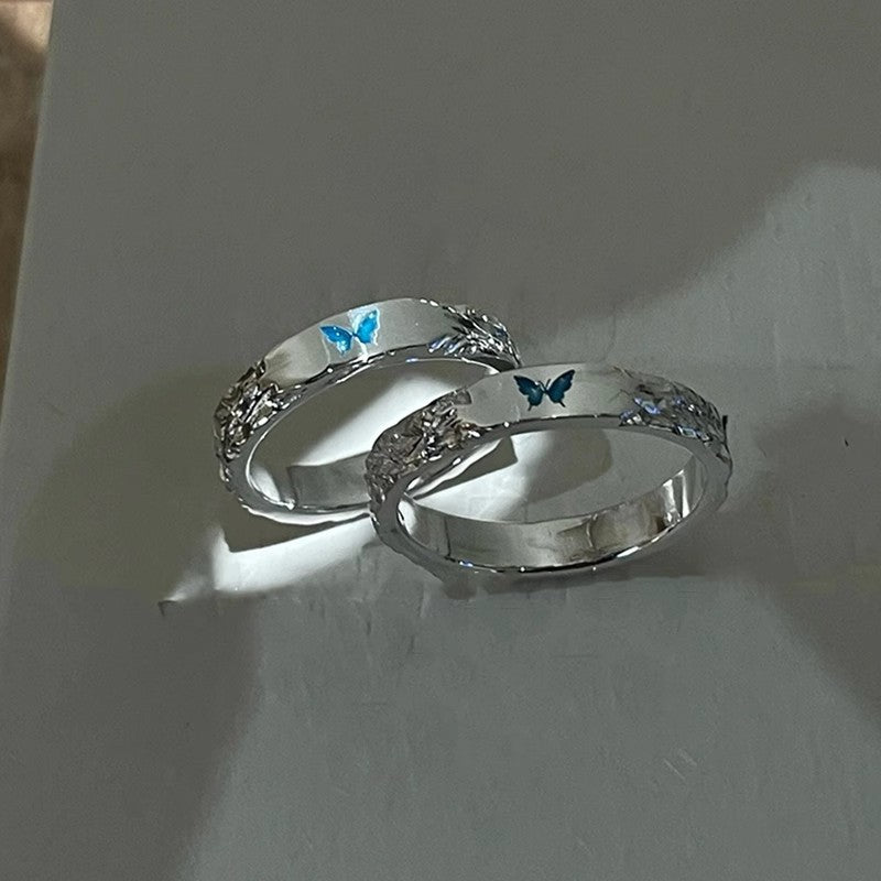 Blue Butterfly Sier Plated Design Light Luxury Personality Fashion Rings