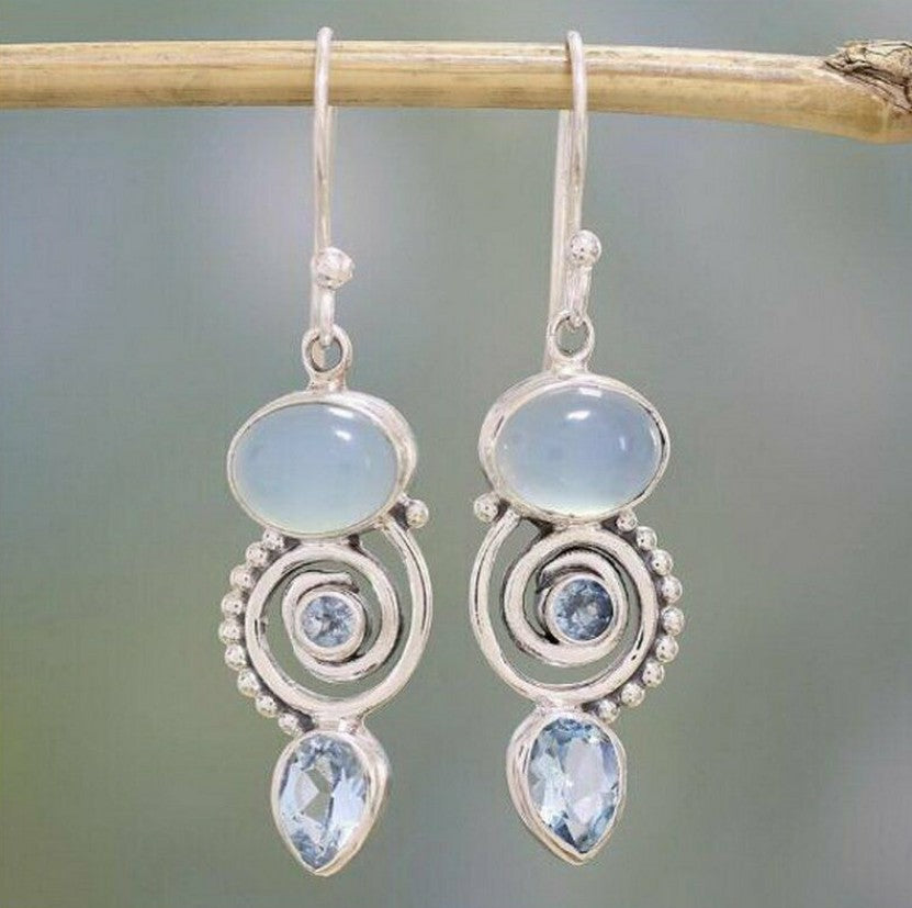 Inlaid Sea Blue Topaz Female Creative Rotational Water Drop Earrings