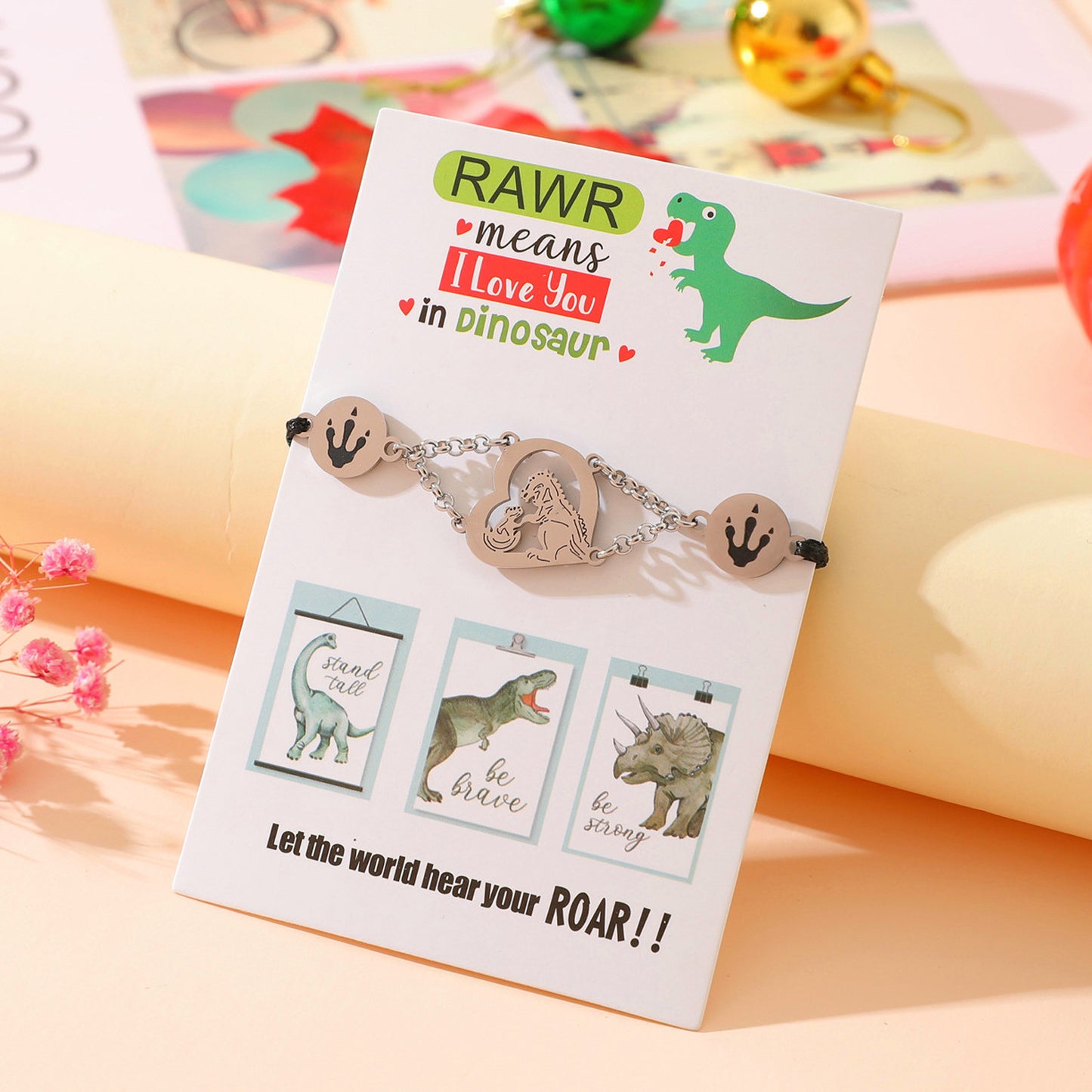 Bracelets à main en forme de cœur pour fille, petit dinosaure