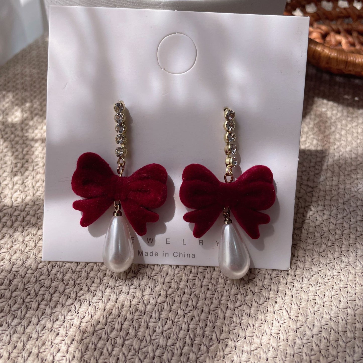 Bridal Red Veet Bow Heart Pearl Rings