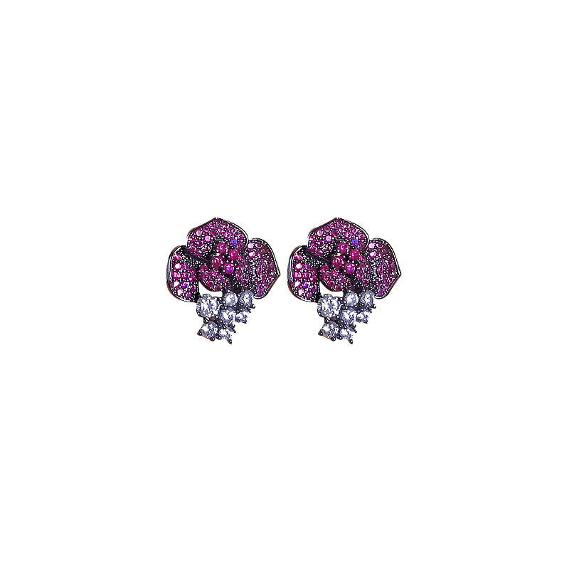 Women's And Simplicity Fashion Flower Three-dimensional Rose Red Zircon Earrings