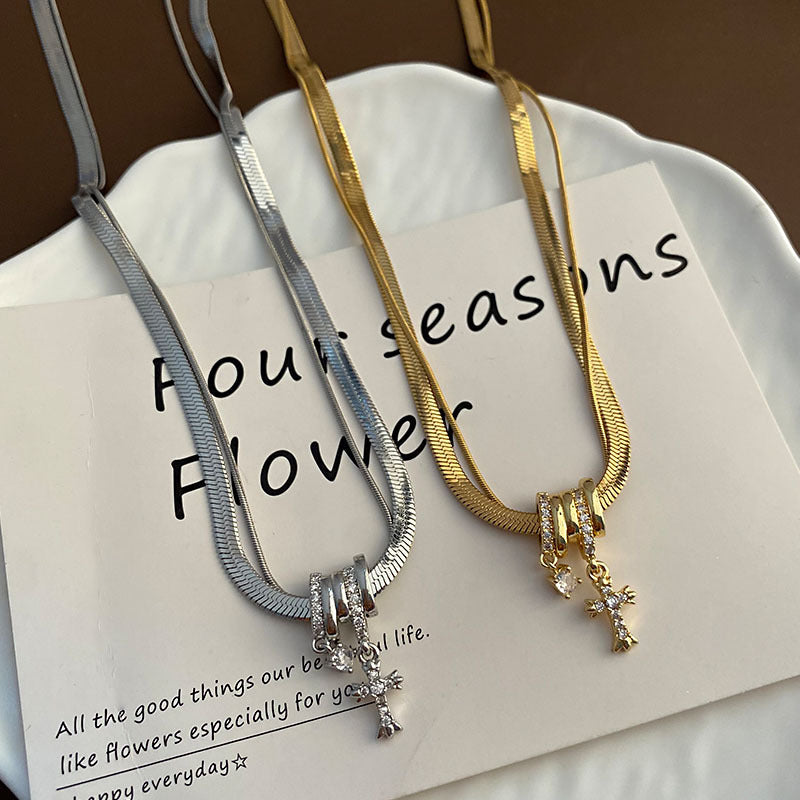 Elegant Rhinestone Inlaid Cross Sweet Cool Style Exquisite Niche Zircon Necklace