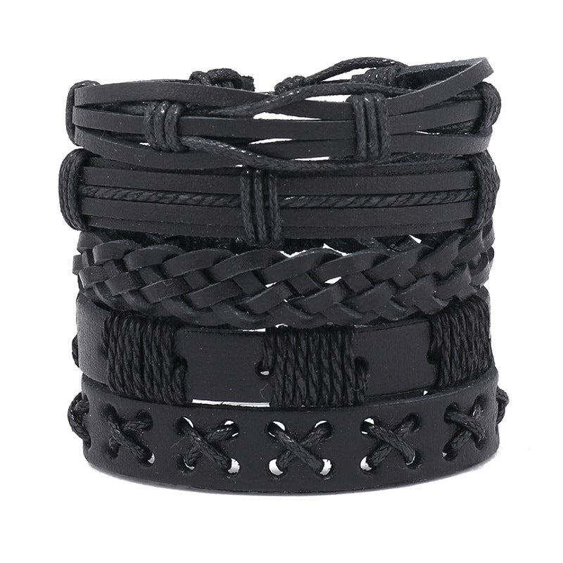 Ensemble de bracelets de combinaison en cuir noir faits à la main pour hommes