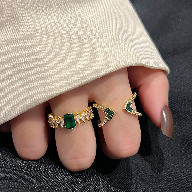 Fashion Retro Style Green Inlaid Zircon Female Simple Cold Rings