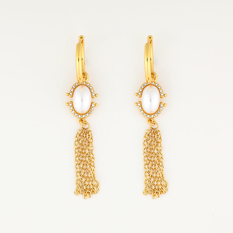 Inlaid Pearl Tassel Ear Clip High Sense Special Interest Light Earrings