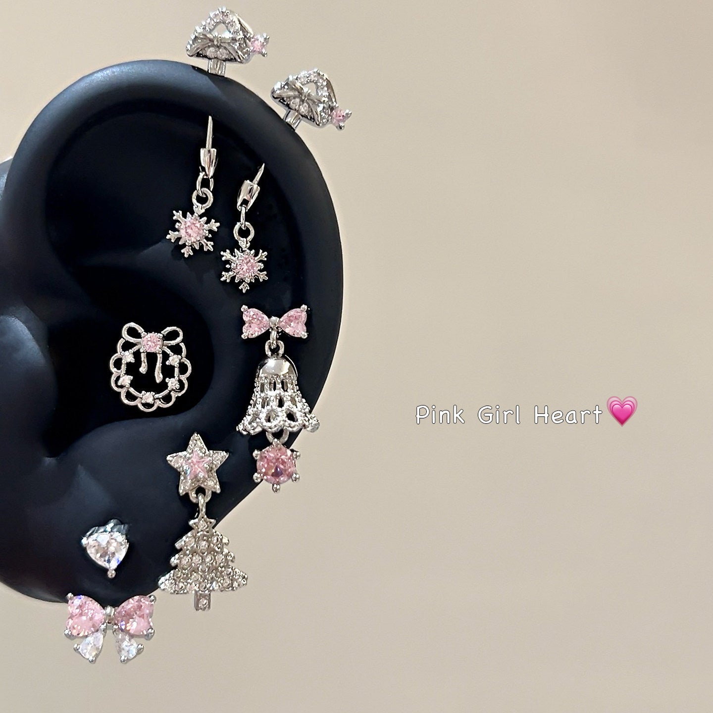 Pink Christmas Devil Ear Bone Snowflake Titanium Stud Earrings