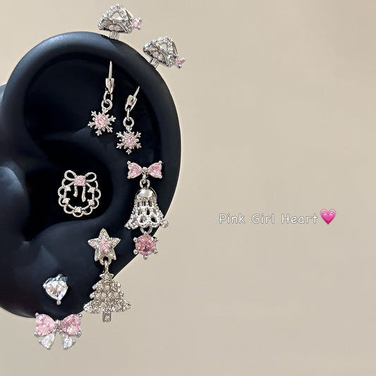 Pink Christmas Devil Ear Bone Snowflake Titanium Stud Earrings