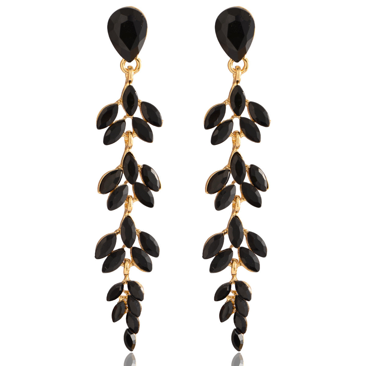Elegant Wheat Fashion Long Gold-plated Inlaid Crystal Willow Leaf Shape Rings