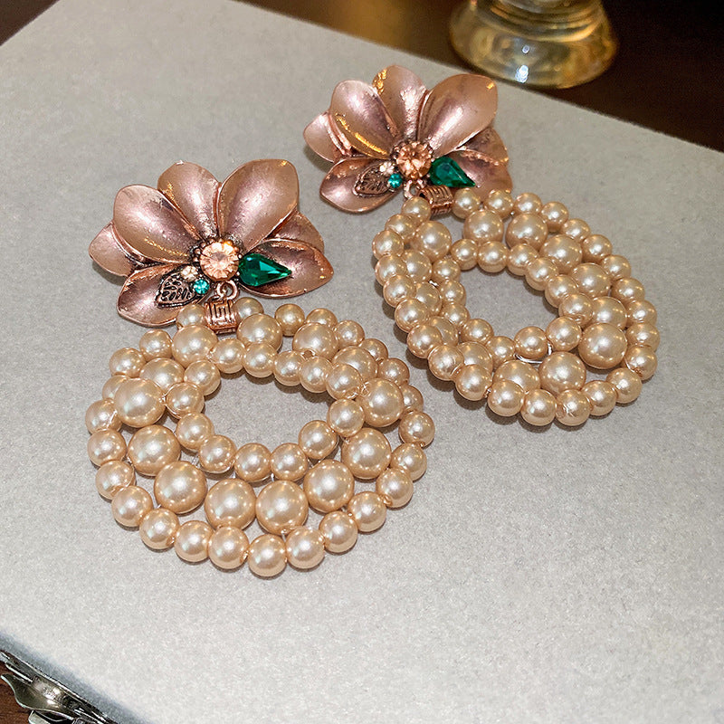 Women's Sier Needle Retro Diamonds Flower Pearl Earrings