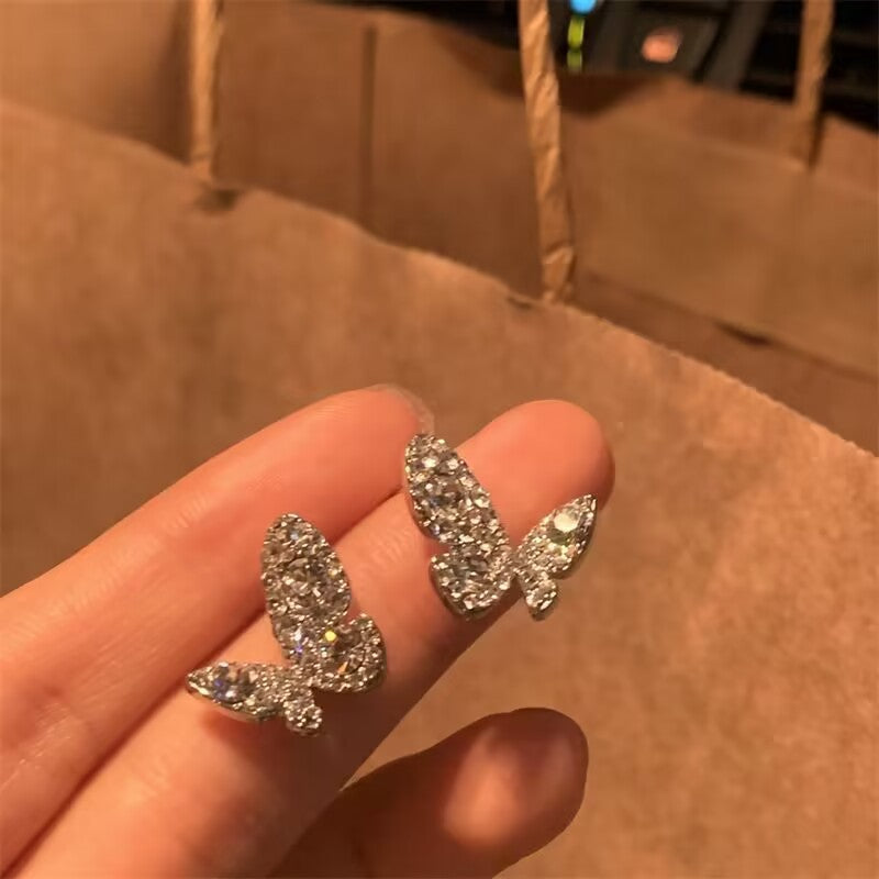 Sparkling Full Rhinestone Butterfly Sier Temperament Light Rings