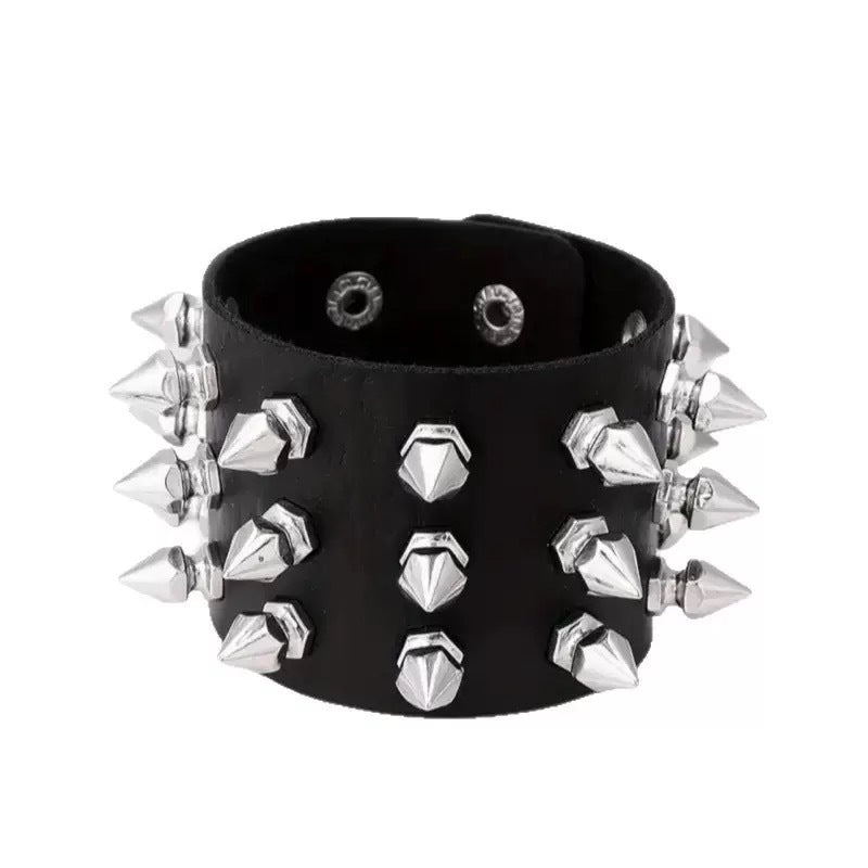 Punk Exaggerated Tapered Pointed Rivet Three Rows Leather Bracelets