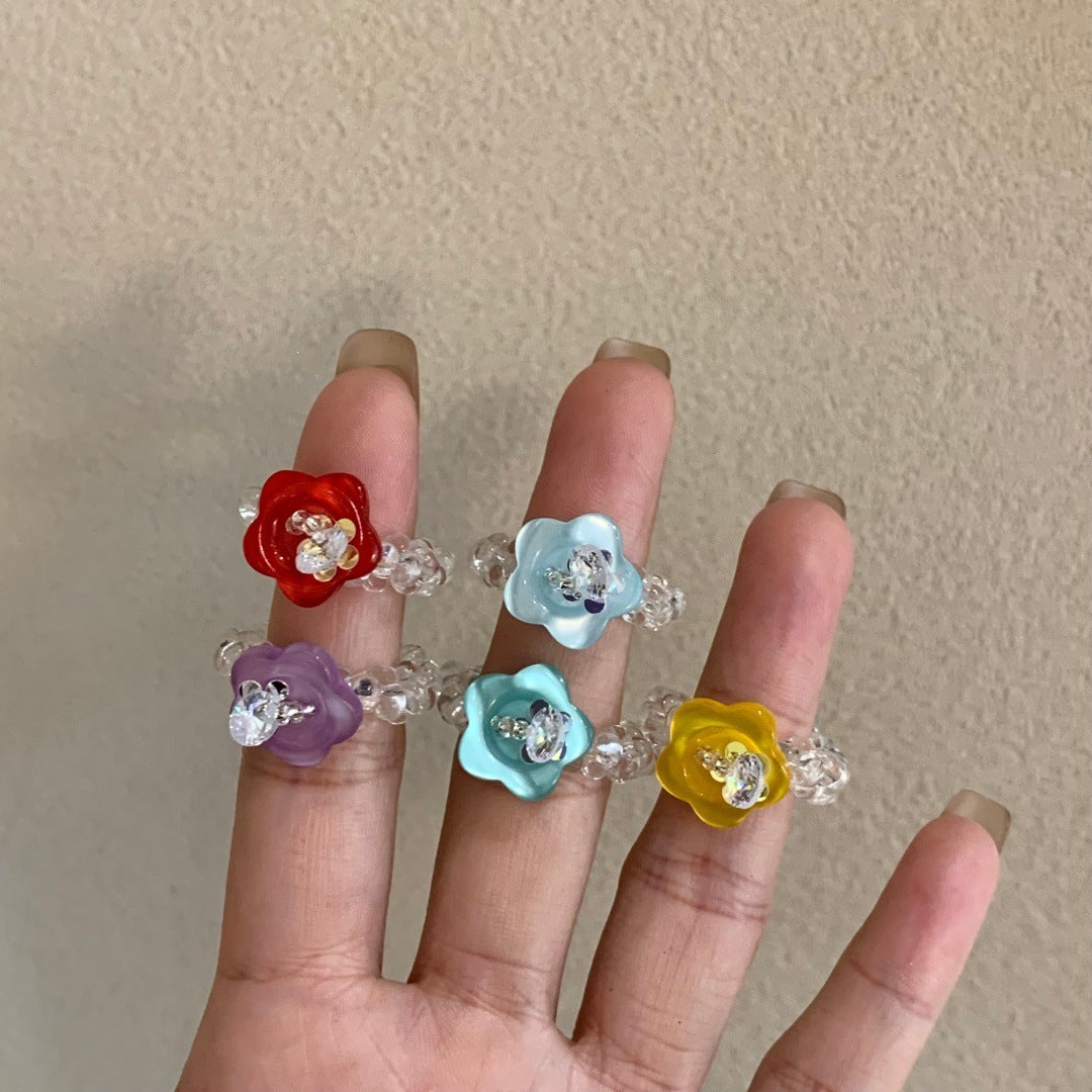 Handmade Flower Button Fun Imported Elastic String Dopamine Color Ring