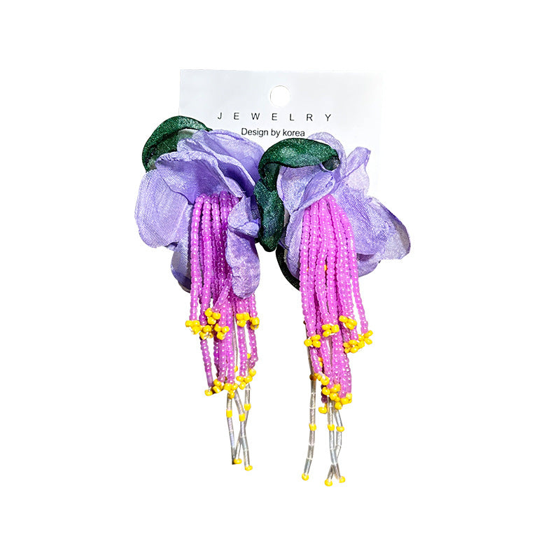 Bohemian Handmade Fabric Flower Long Fringe Earrings