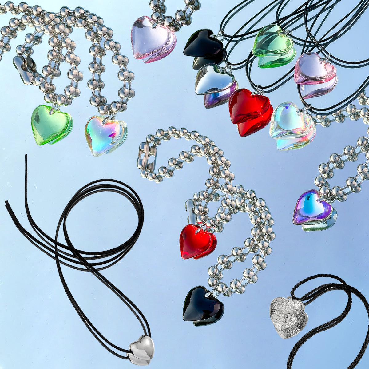 Women's Creative Round Beads Chain Heart Pendant Necklaces