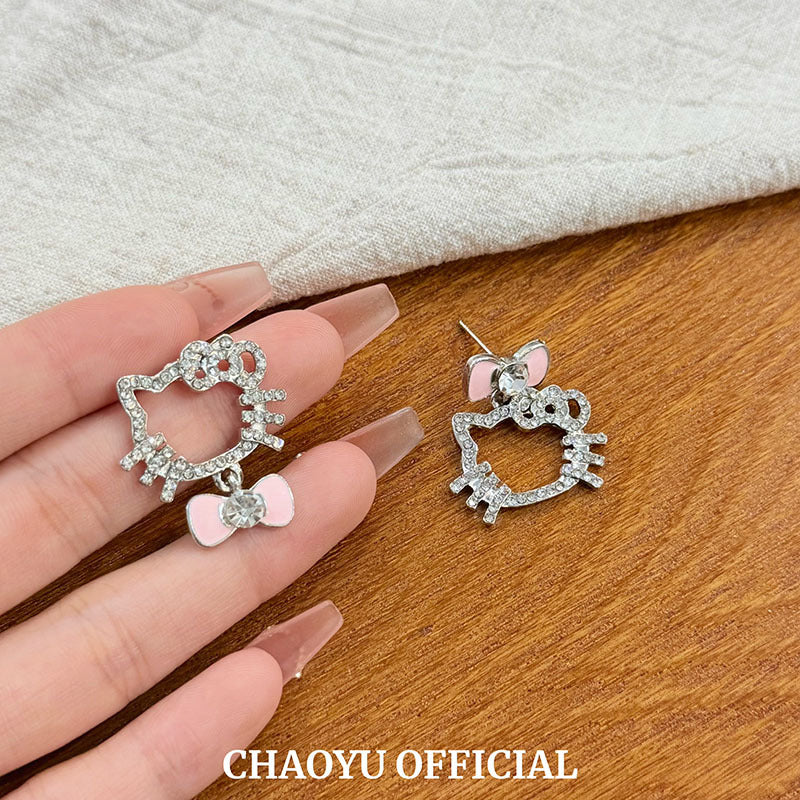 Super Shiny Bowknot Full Diamond Cat Female Sweet Cute Earrings
