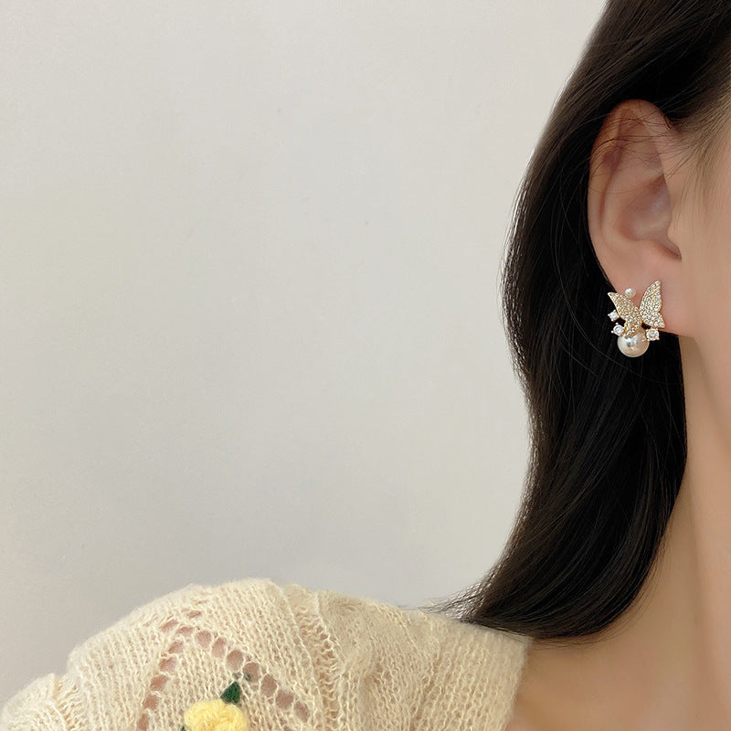 Women's Pearl Diamond Butterfly Trendy Stylish Simple Stud Earrings
