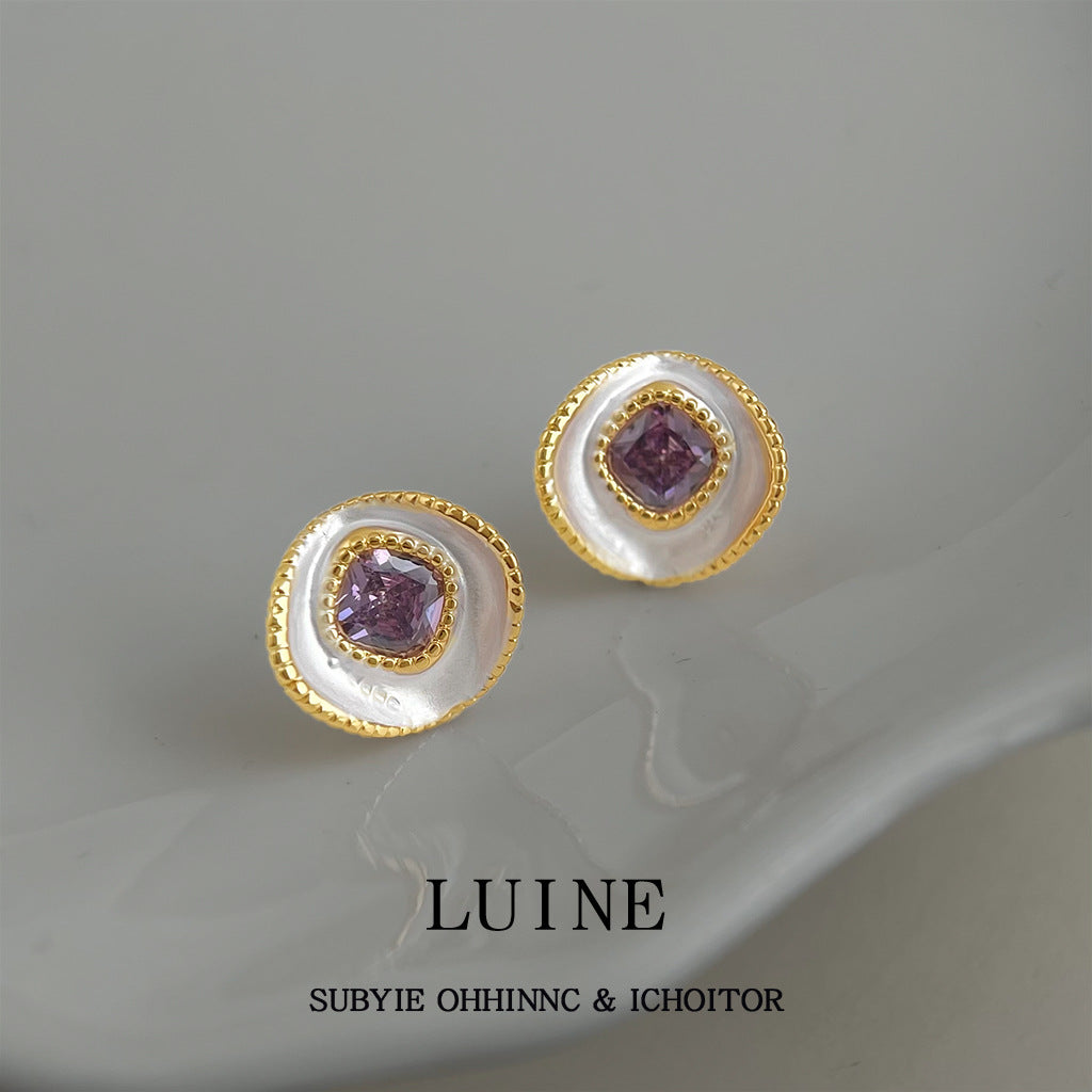 Women's Fashionable High-grade Inlaid Zircon Purple Elegant Geometric Curved Surface Round Stud Earrings