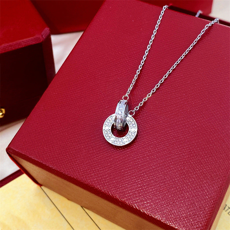 Cake Double Full Diamond Circle Buckle Pendant Necklaces