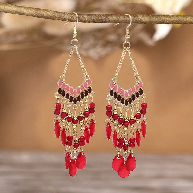Ethnic Style Tassel Long Bohemian Crystal Yunnan Summer Earrings