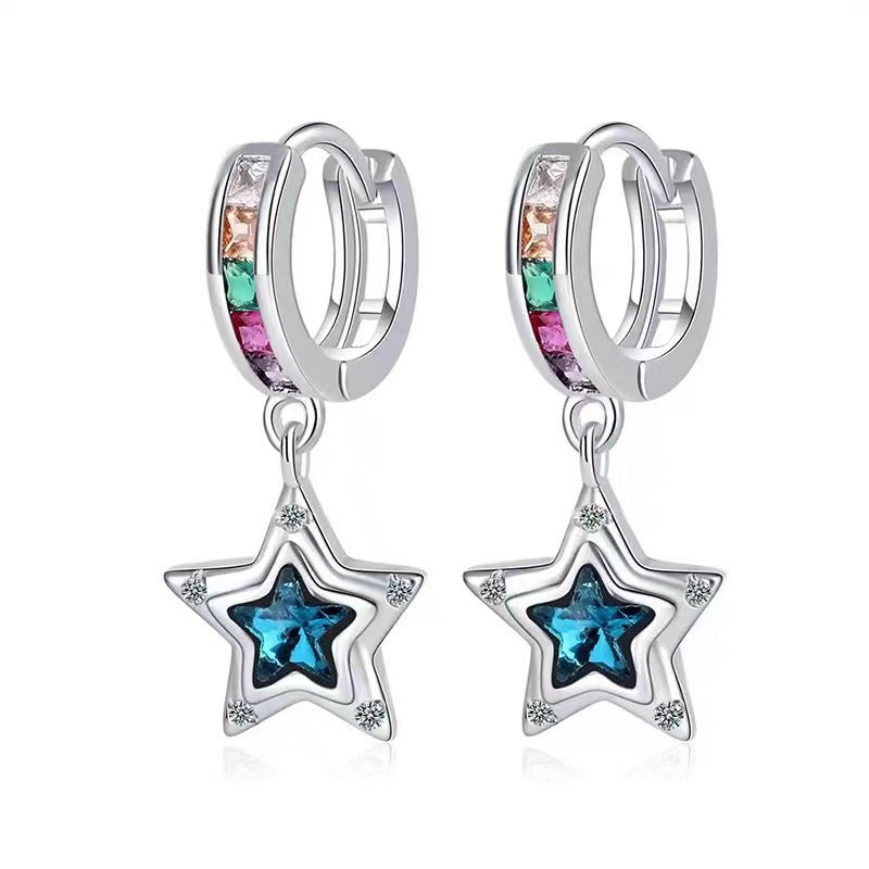 Sier Needle Blue Zircon Five-pointed Star Copper Earrings