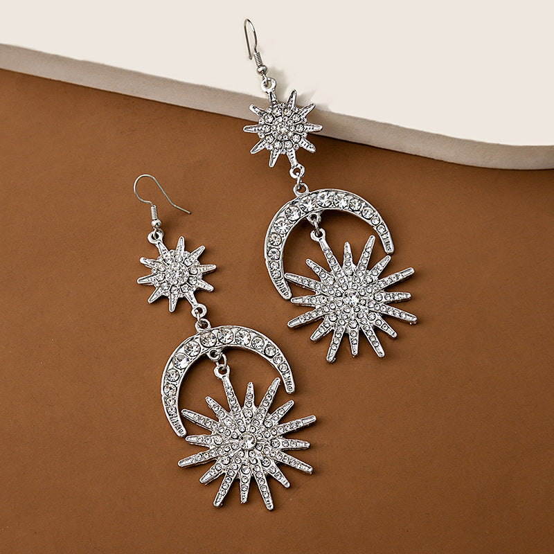 Boucles d'oreilles exquises en strass personnalisées, soleil et lune exagérées pour femmes