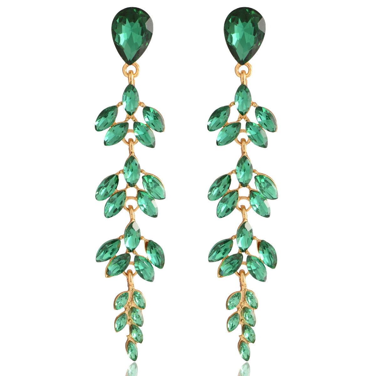 Elegant Wheat Fashion Long Gold-plated Inlaid Crystal Willow Leaf Shape Rings