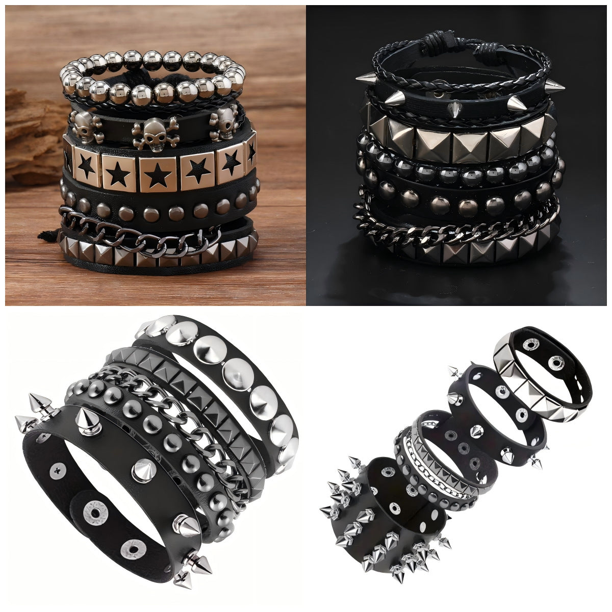Punk Exaggerated Tapered Pointed Rivet Three Rows Leather Bracelets