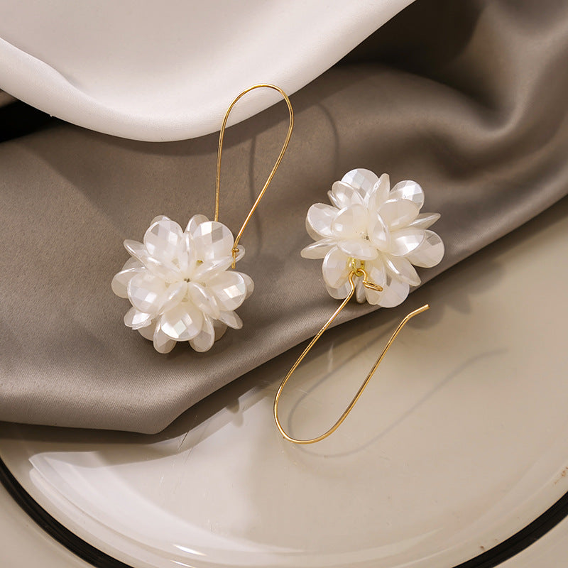 Long Floral Ball Premium White Petal Earrings