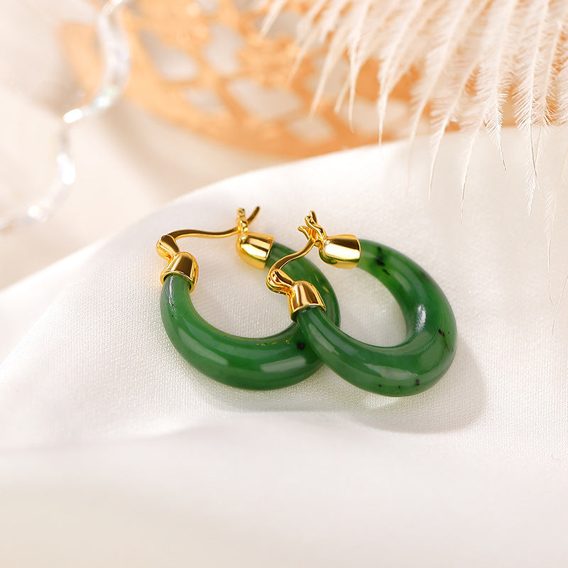 Sier Boucles d'oreilles coudées en forme de lune plaquées or sterling vert jade