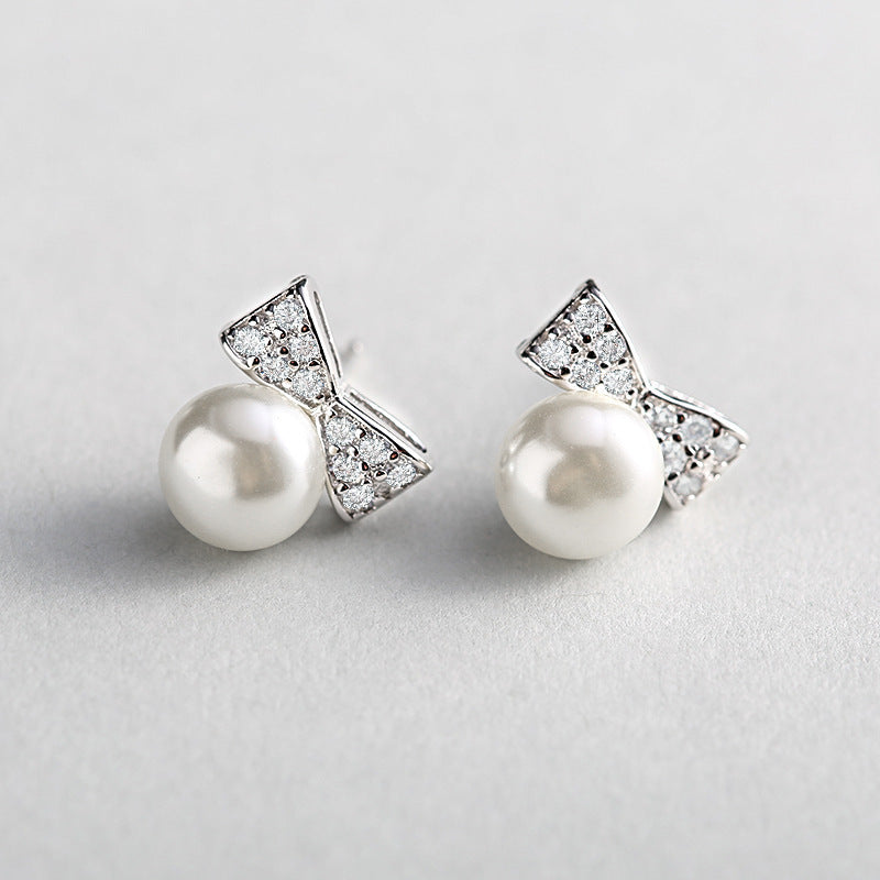 Sweet Pearl Exquisite Inlaid Zircon Bow Earrings